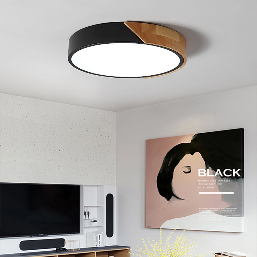 HMR Modern 20" Drum Flush Mount Ceiling Light - Black Dimmable & Remote Control