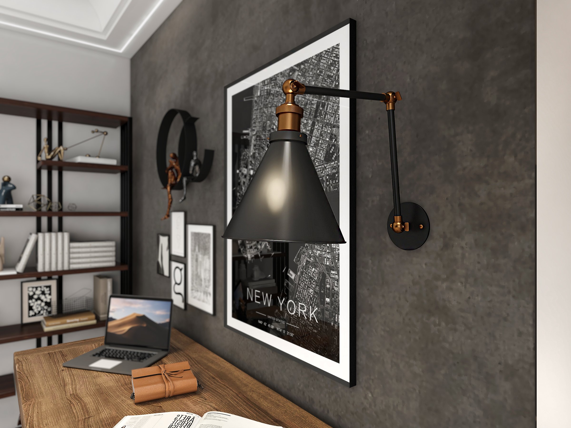 HMR - Double Swing Arm 1-Light Wall Sconce in Black, Brass