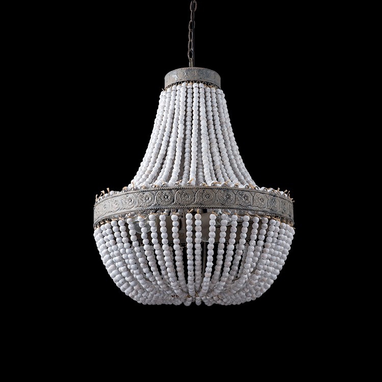 HMR - Farmhouse Rustic Wrought Iron Pendant Light with Wood Beads in White