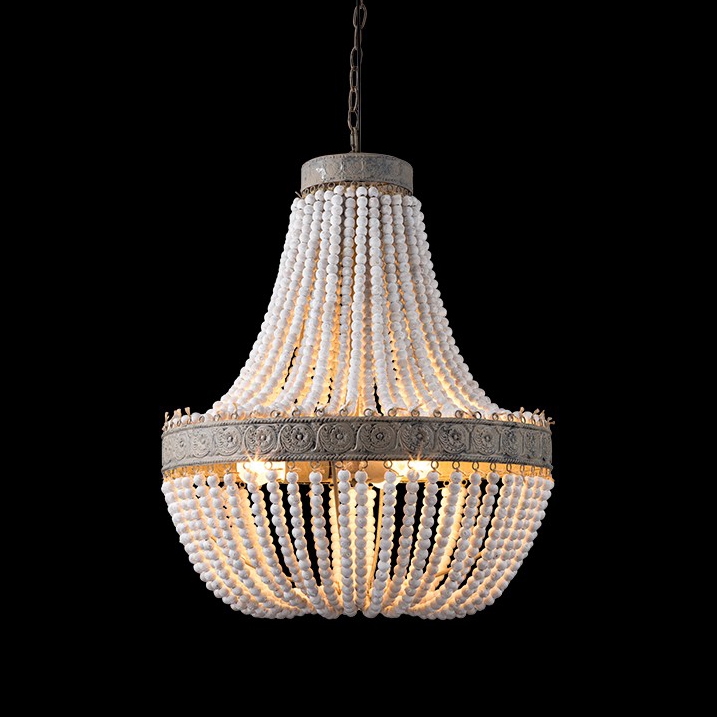 HMR - Farmhouse Rustic Wrought Iron Pendant Light with Wood Beads in White