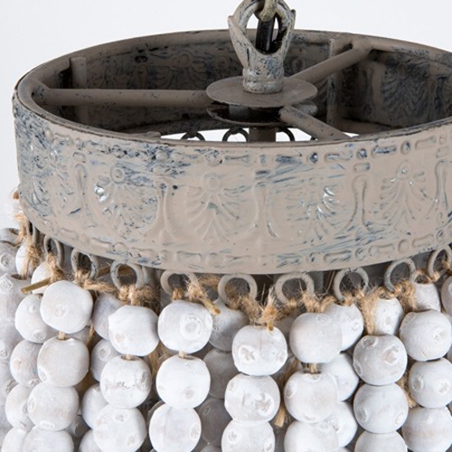 HMR - Farmhouse Rustic Wrought Iron Pendant Light with Wood Beads in White
