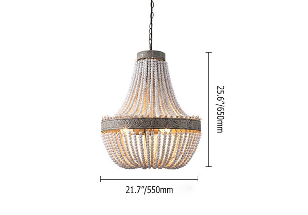 HMR - Farmhouse Rustic Wrought Iron Pendant Light with Wood Beads in White