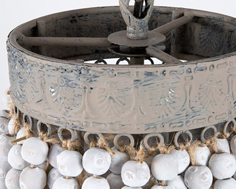 HMR - Farmhouse Rustic Wrought Iron Pendant Light with Wood Beads in White