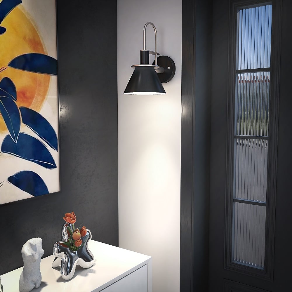 HMR - 1-Light Cone Indoor Wall Sconce with Tapered Shade in Black, Metal