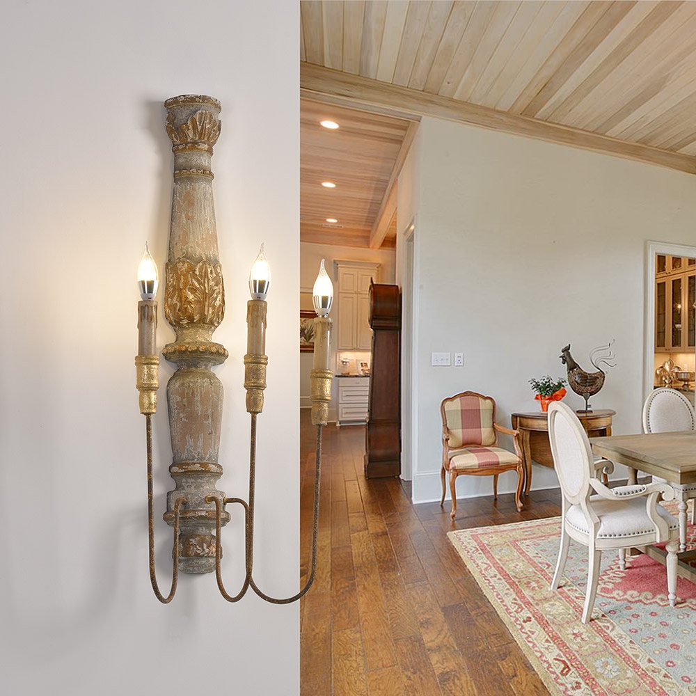 HMR - 3-Light Candle Wall Sconce Distressed Carved Design in Natural
