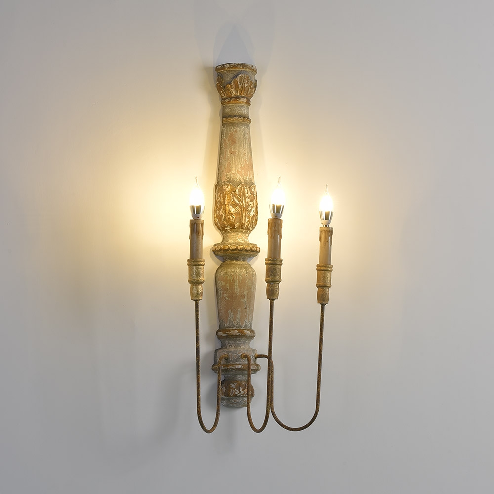 HMR - 3-Light Candle Wall Sconce Distressed Carved Design in Natural