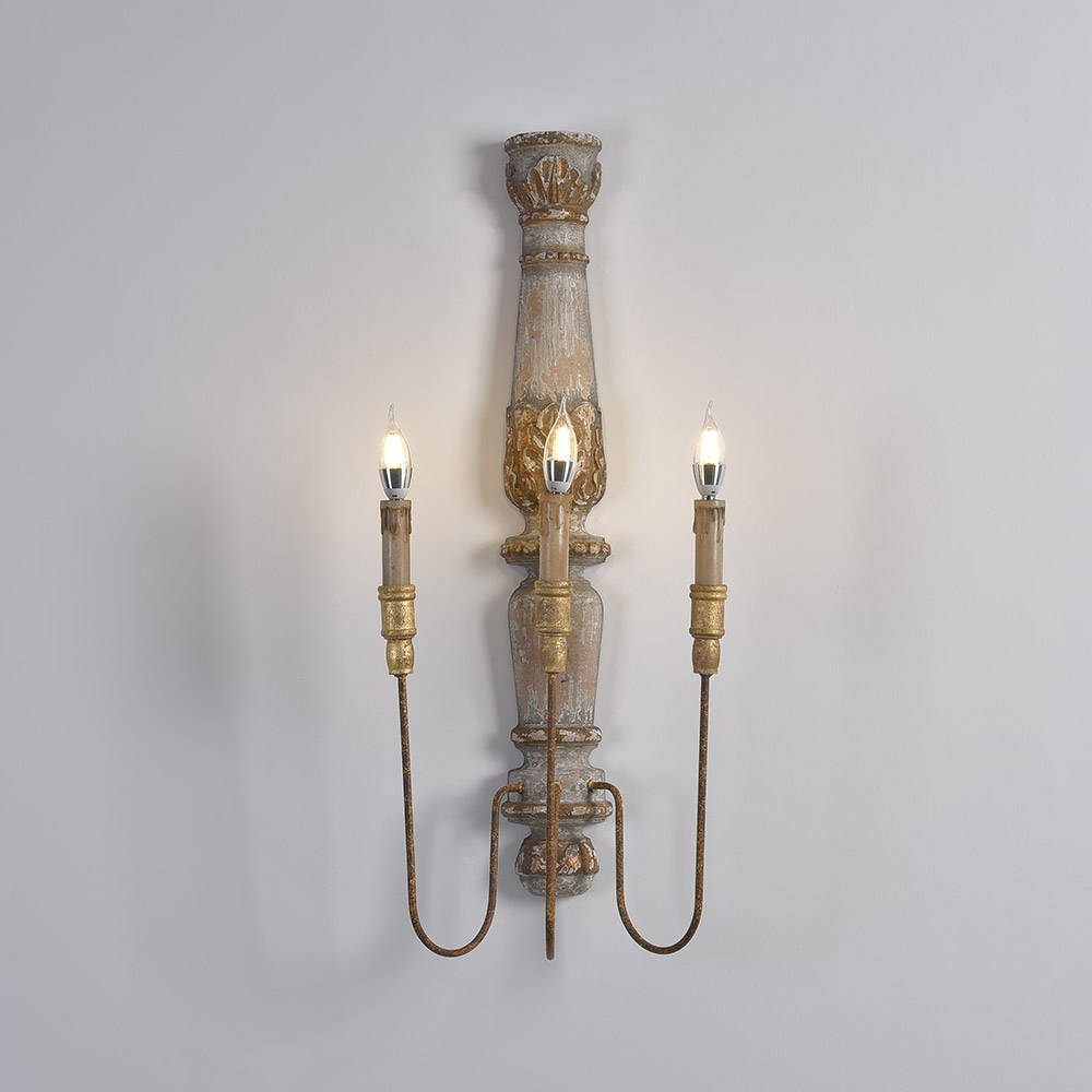 HMR - 3-Light Candle Wall Sconce Distressed Carved Design in Natural