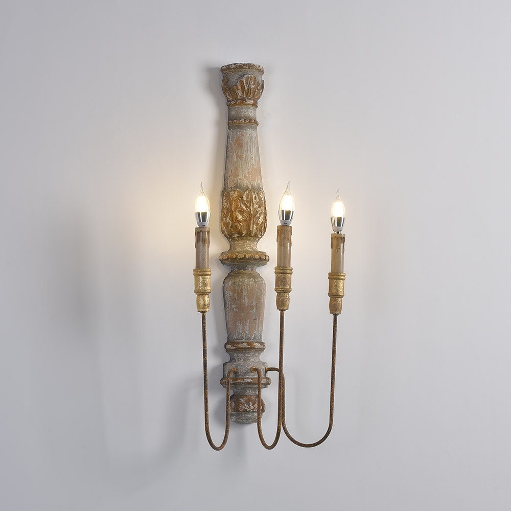 HMR - 3-Light Candle Wall Sconce Distressed Carved Design in Natural