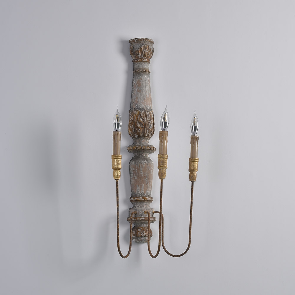 HMR - 3-Light Candle Wall Sconce Distressed Carved Design in Natural