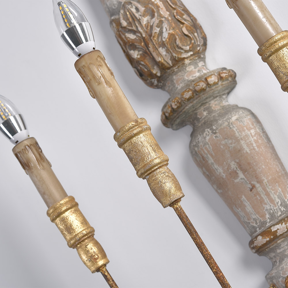 HMR - 3-Light Candle Wall Sconce Distressed Carved Design in Natural