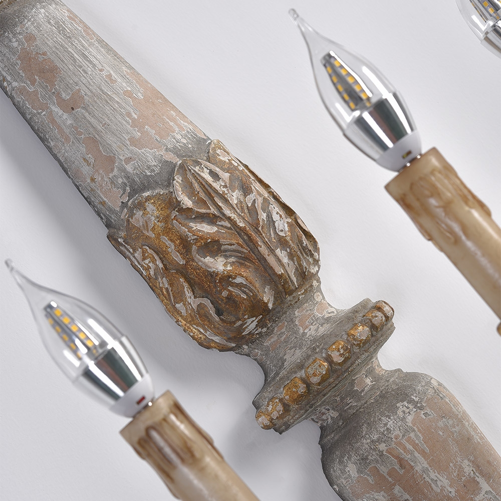 HMR - 3-Light Candle Wall Sconce Distressed Carved Design in Natural