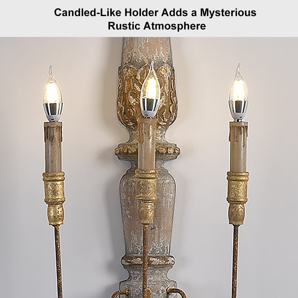 HMR - 3-Light Candle Wall Sconce Distressed Carved Design in Natural