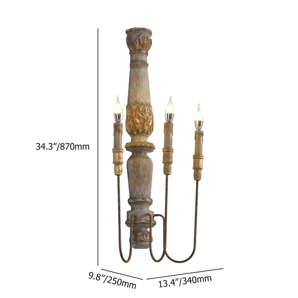 HMR - 3-Light Candle Wall Sconce Distressed Carved Design in Natural