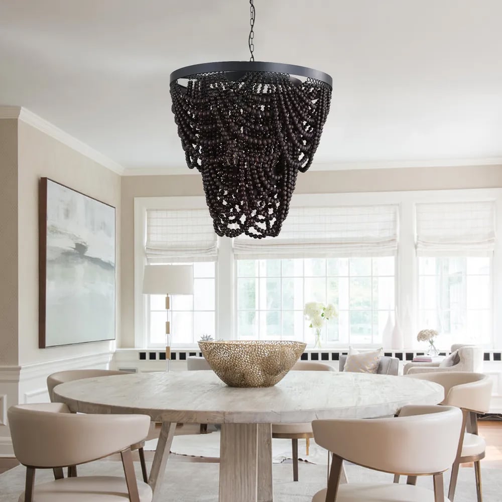 HMR - Rustic Wooden Cascade 3-Light Bead Chandelier in Black