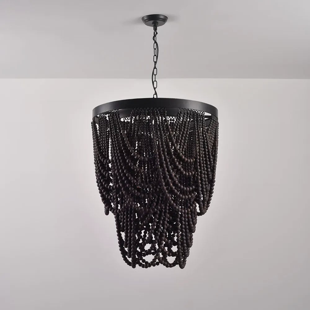 HMR - Rustic Wooden Cascade 3-Light Bead Chandelier in Black