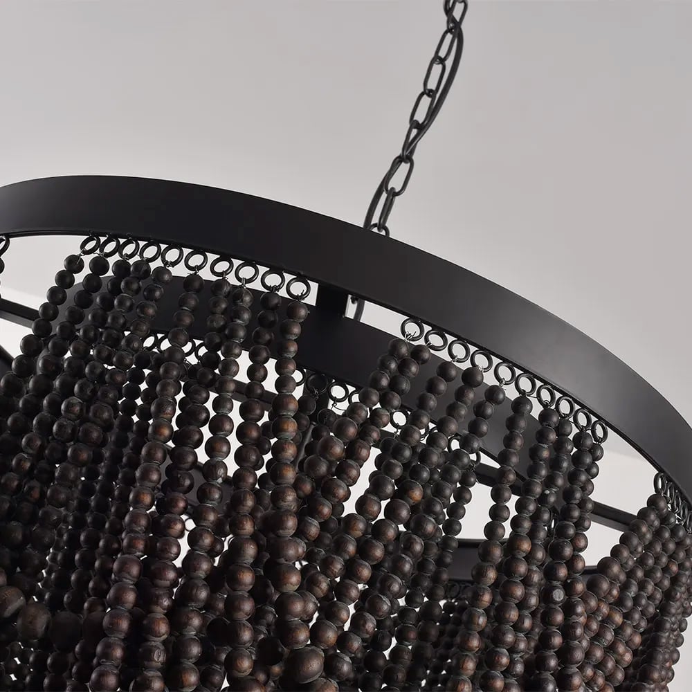 HMR - Rustic Wooden Cascade 3-Light Bead Chandelier in Black