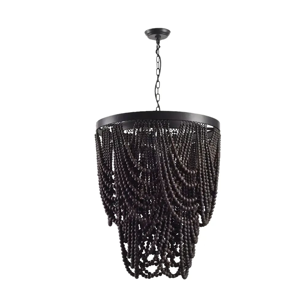 HMR - Rustic Wooden Cascade 3-Light Bead Chandelier in Black