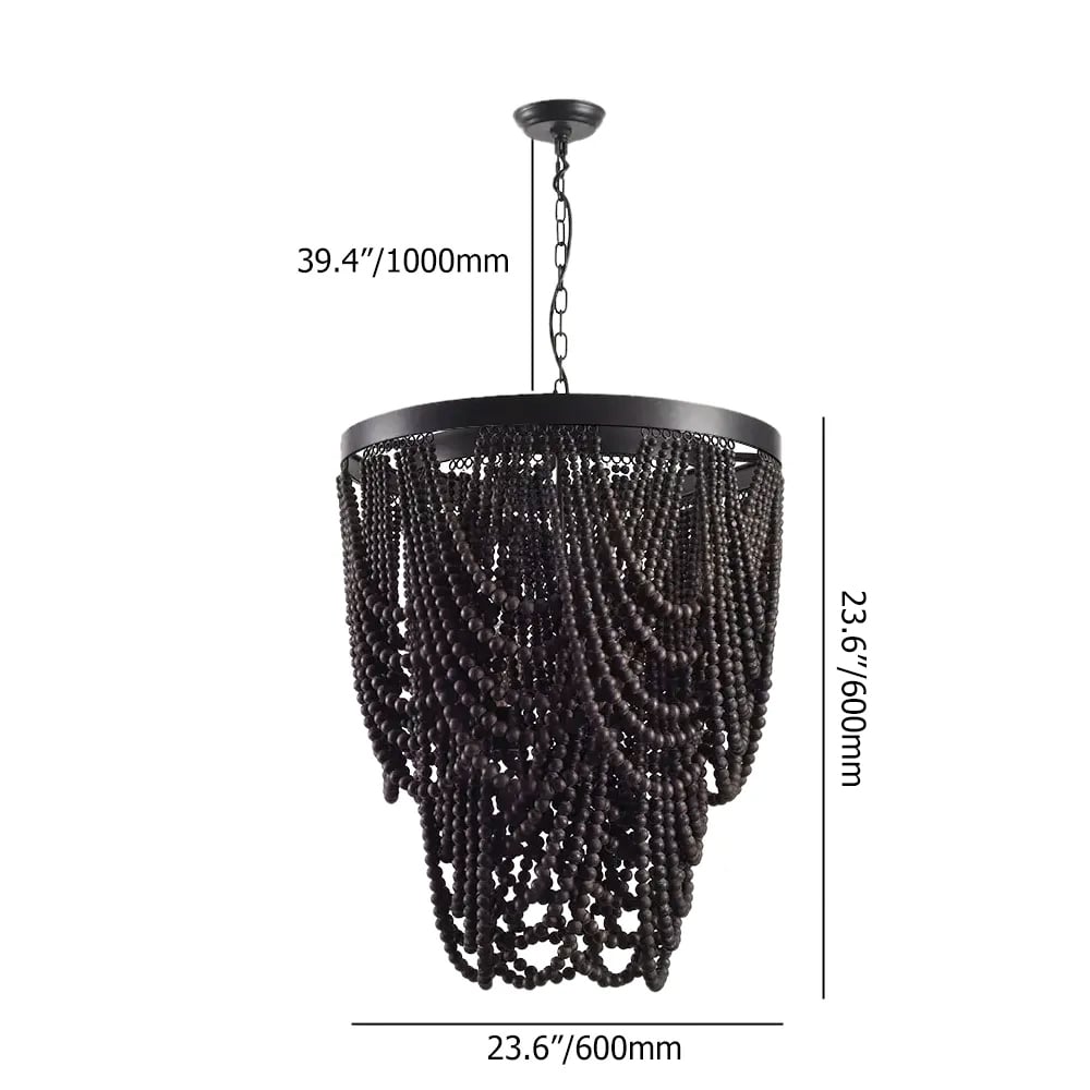 HMR - Rustic Wooden Cascade 3-Light Bead Chandelier in Black