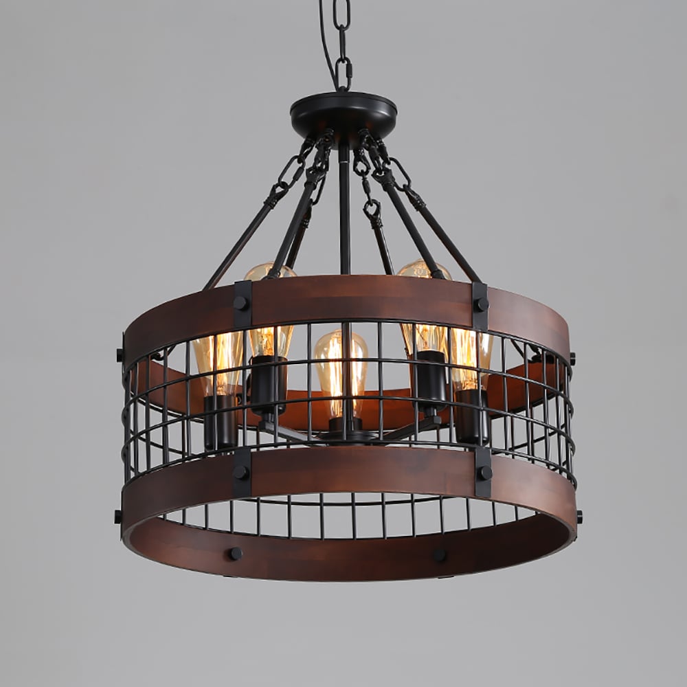HMR - Farmhouse Wood Circle Metal Cage 5-Light Chandelier with Exposed Bulbs in Black