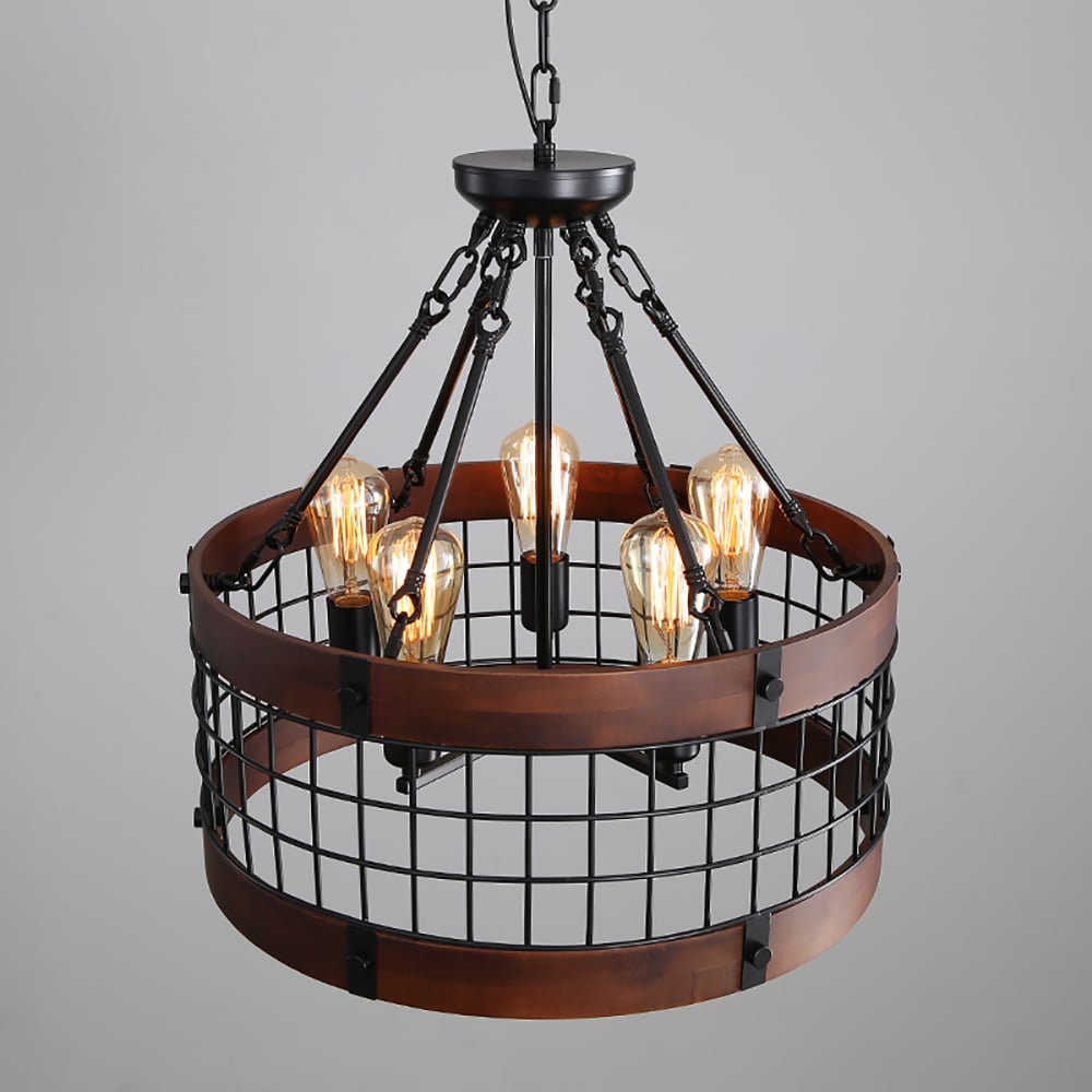 HMR - Farmhouse Wood Circle Metal Cage 5-Light Chandelier with Exposed Bulbs in Black