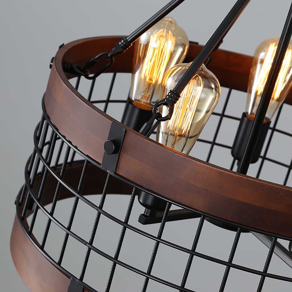 HMR - Farmhouse Wood Circle Metal Cage 5-Light Chandelier with Exposed Bulbs in Black