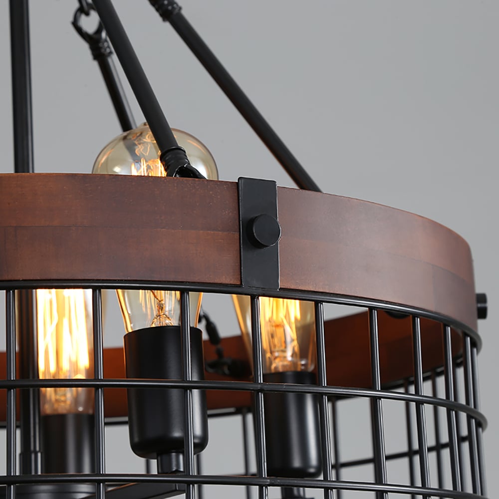HMR - Farmhouse Wood Circle Metal Cage 5-Light Chandelier with Exposed Bulbs in Black