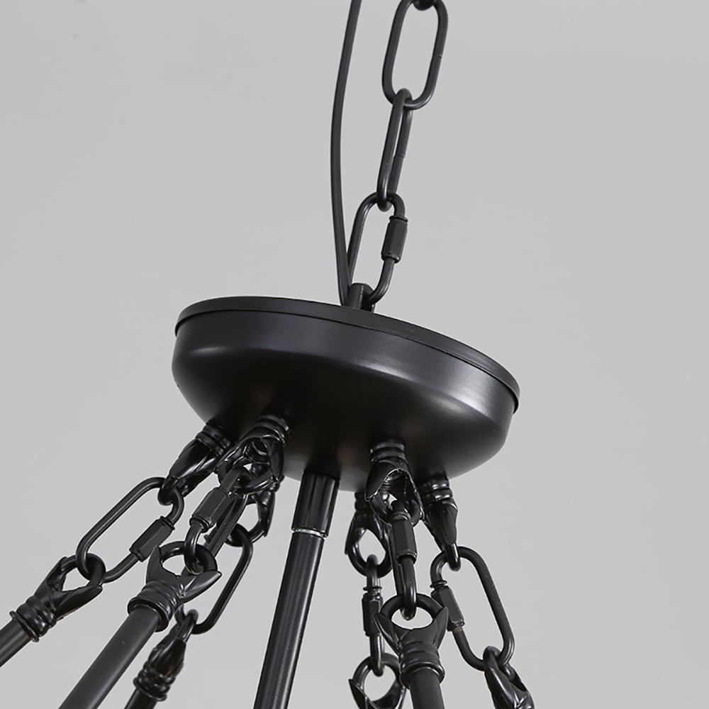 HMR - Farmhouse Wood Circle Metal Cage 5-Light Chandelier with Exposed Bulbs in Black