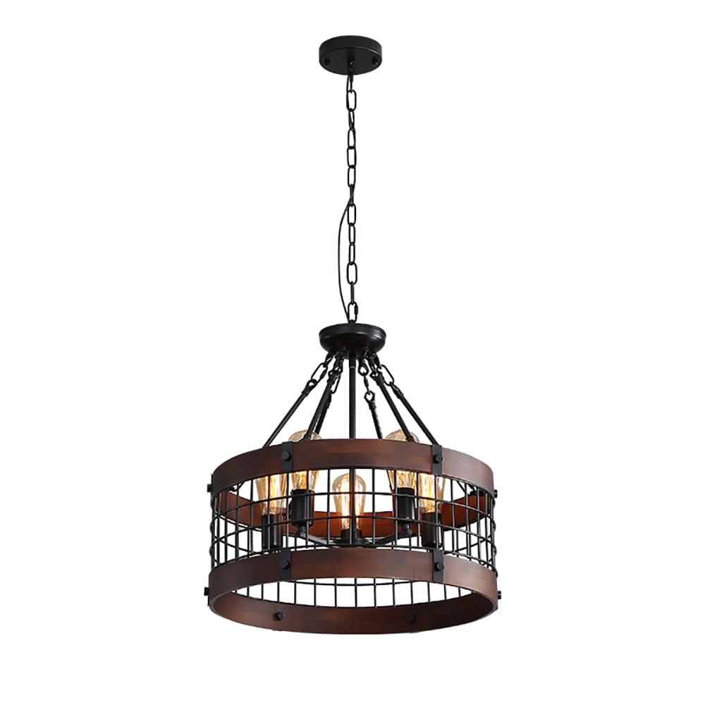HMR - Farmhouse Wood Circle Metal Cage 5-Light Chandelier with Exposed Bulbs in Black