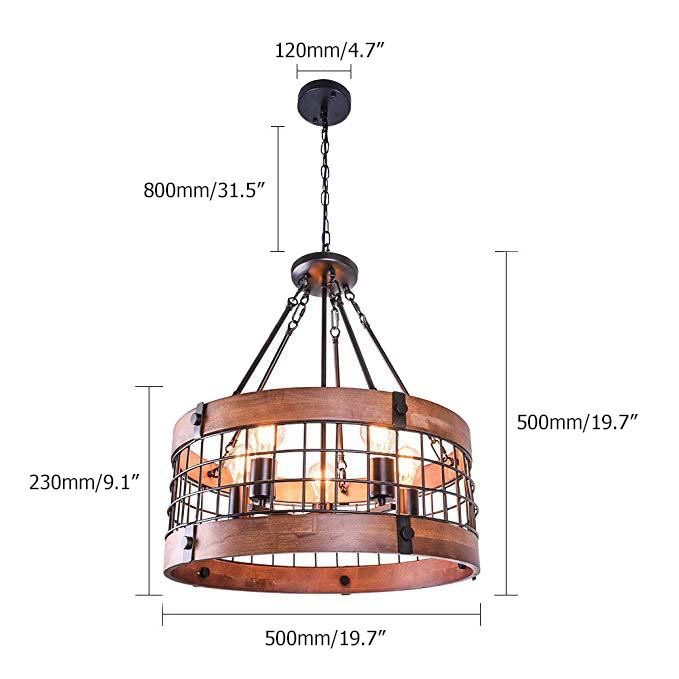 HMR - Farmhouse Wood Circle Metal Cage 5-Light Chandelier with Exposed Bulbs in Black