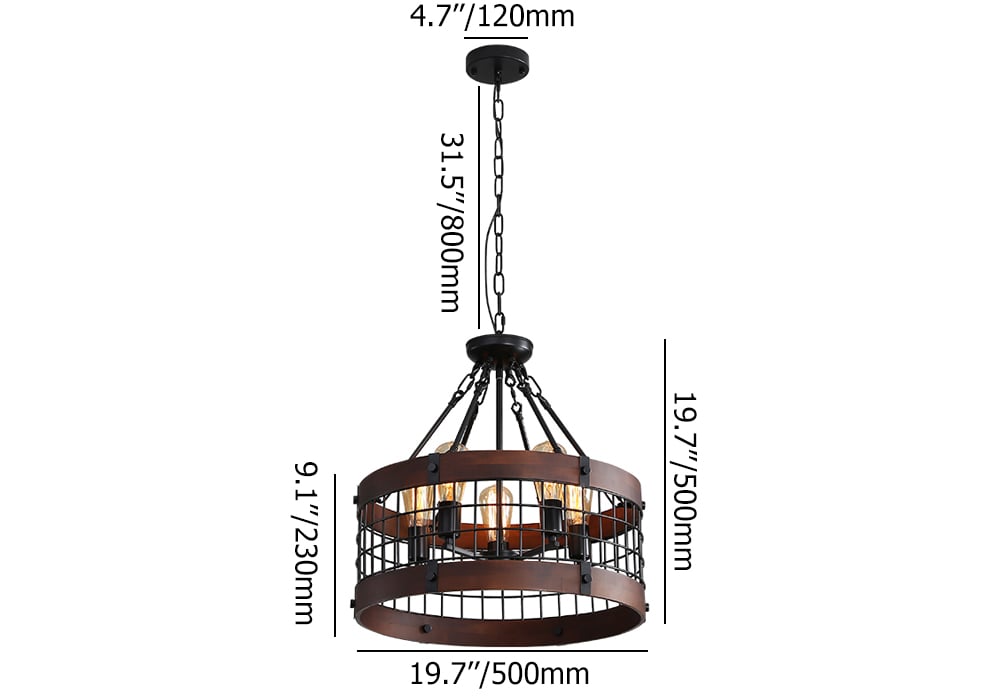 HMR - Farmhouse Wood Circle Metal Cage 5-Light Chandelier with Exposed Bulbs in Black