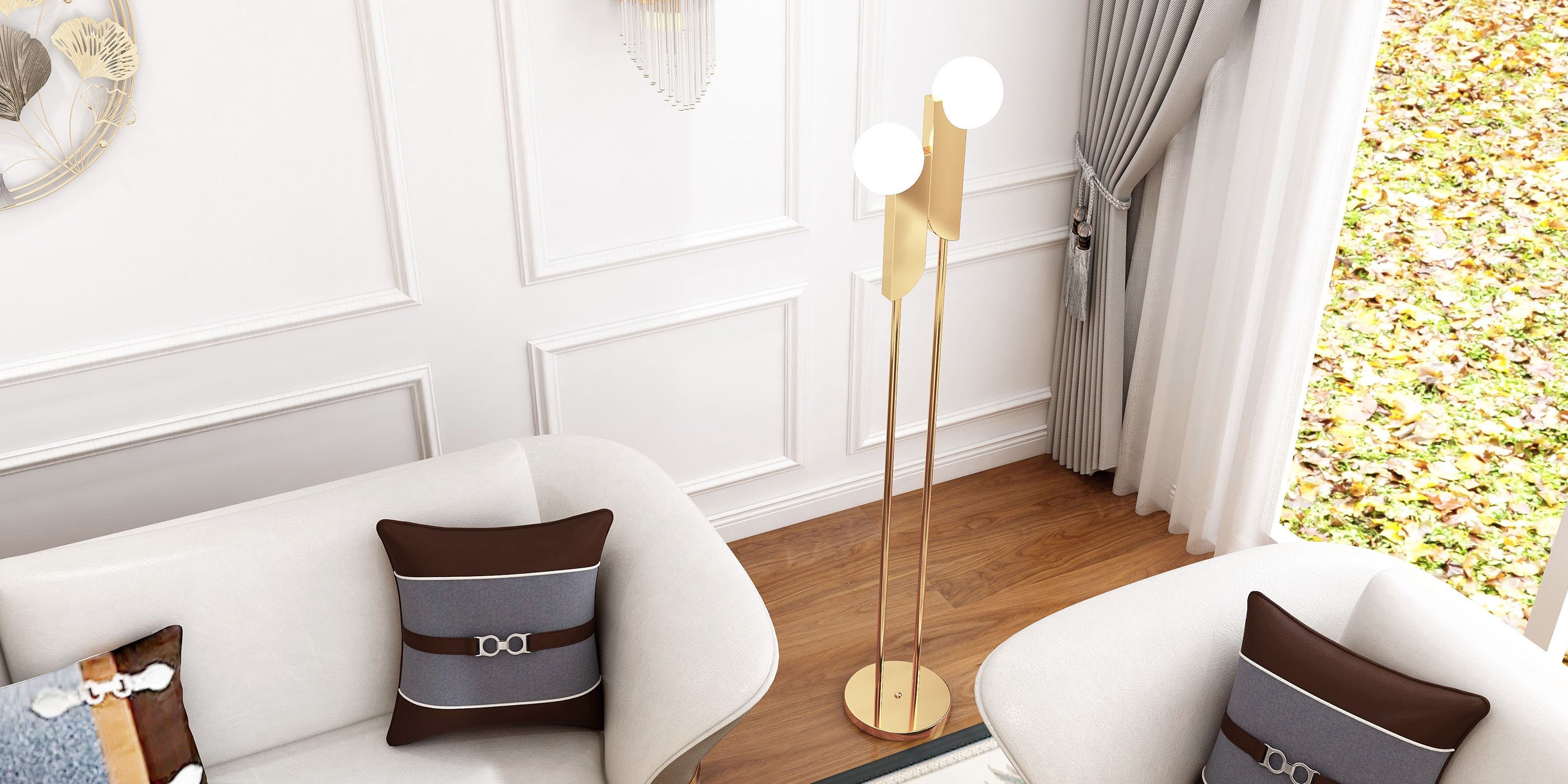 HMR - Torchiere Floor Lamp 2-Light with Glass Shade in Gold, Metal