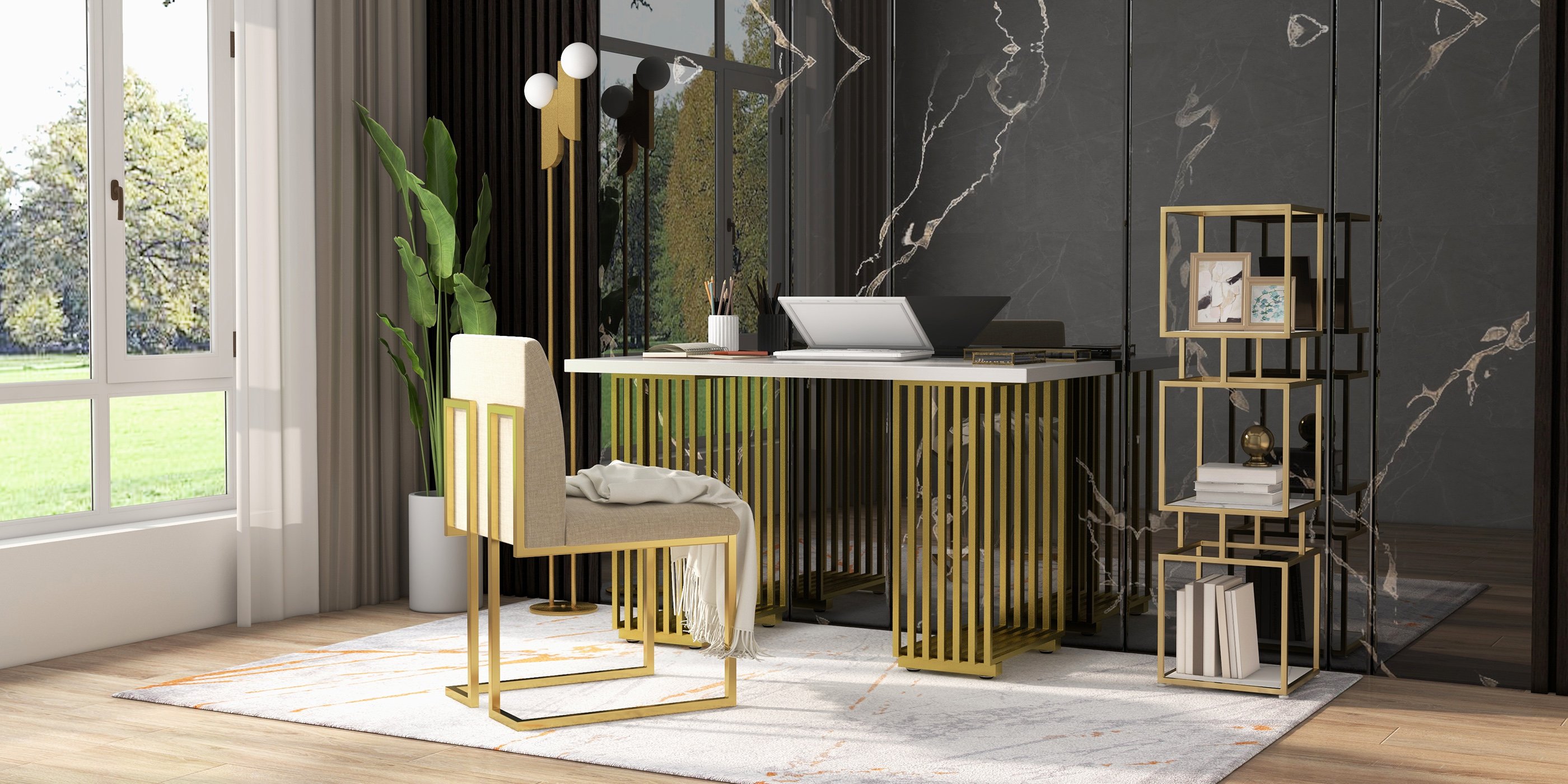 HMR - Torchiere Floor Lamp 2-Light with Glass Shade in Gold, Metal