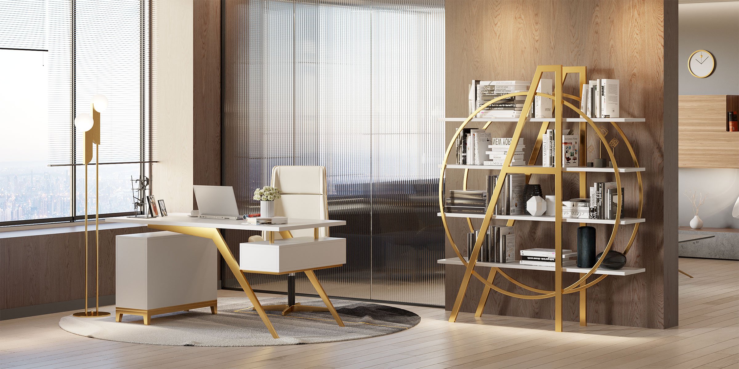 HMR - Torchiere Floor Lamp 2-Light with Glass Shade in Gold, Metal