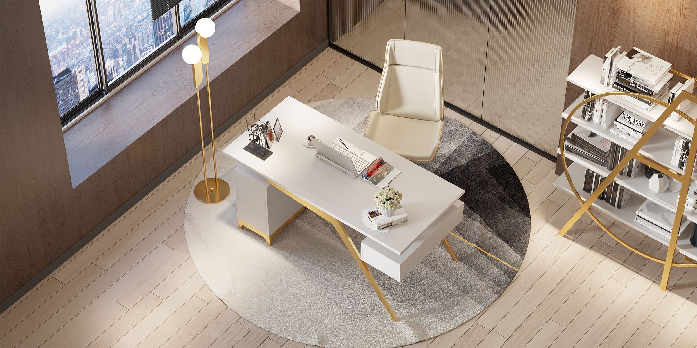 HMR - Torchiere Floor Lamp 2-Light with Glass Shade in Gold, Metal