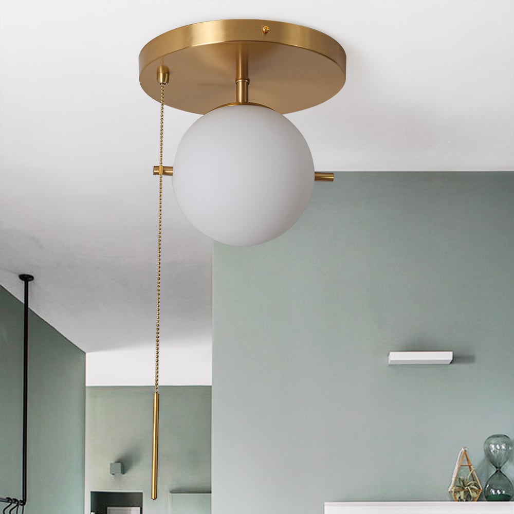 HMR - Gidu Pull Chain Globe Shade Semi Flush Mount in Metal, Glass