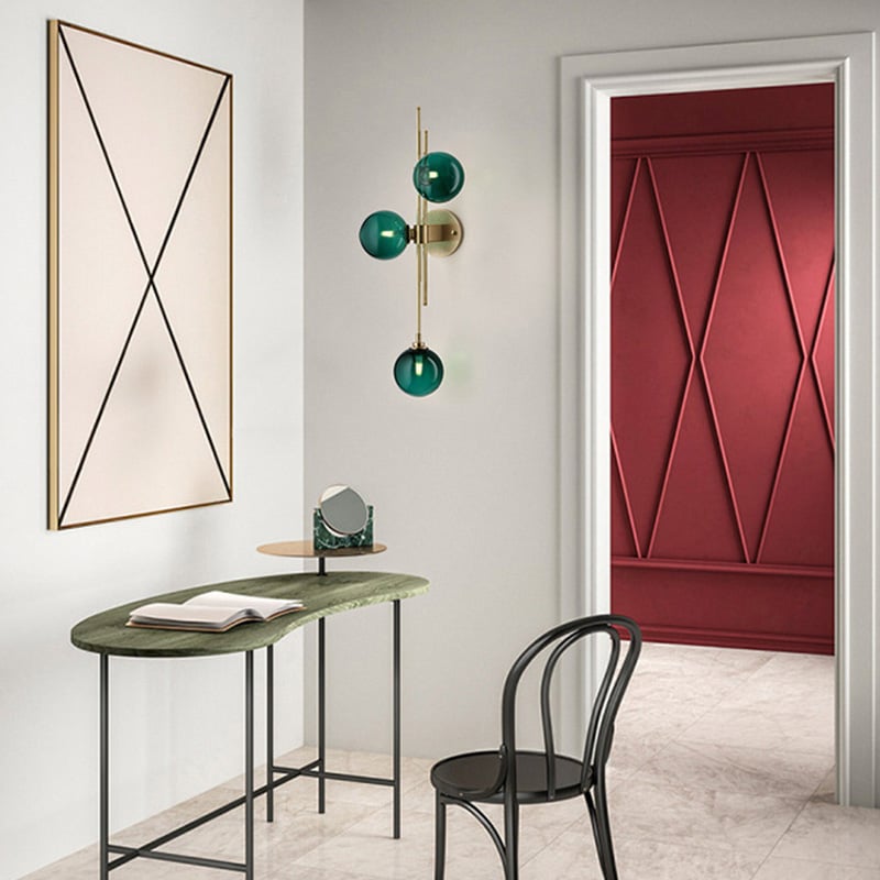 HMR - Gold 3-Light Glass Indoor Globe Sconce in Green
