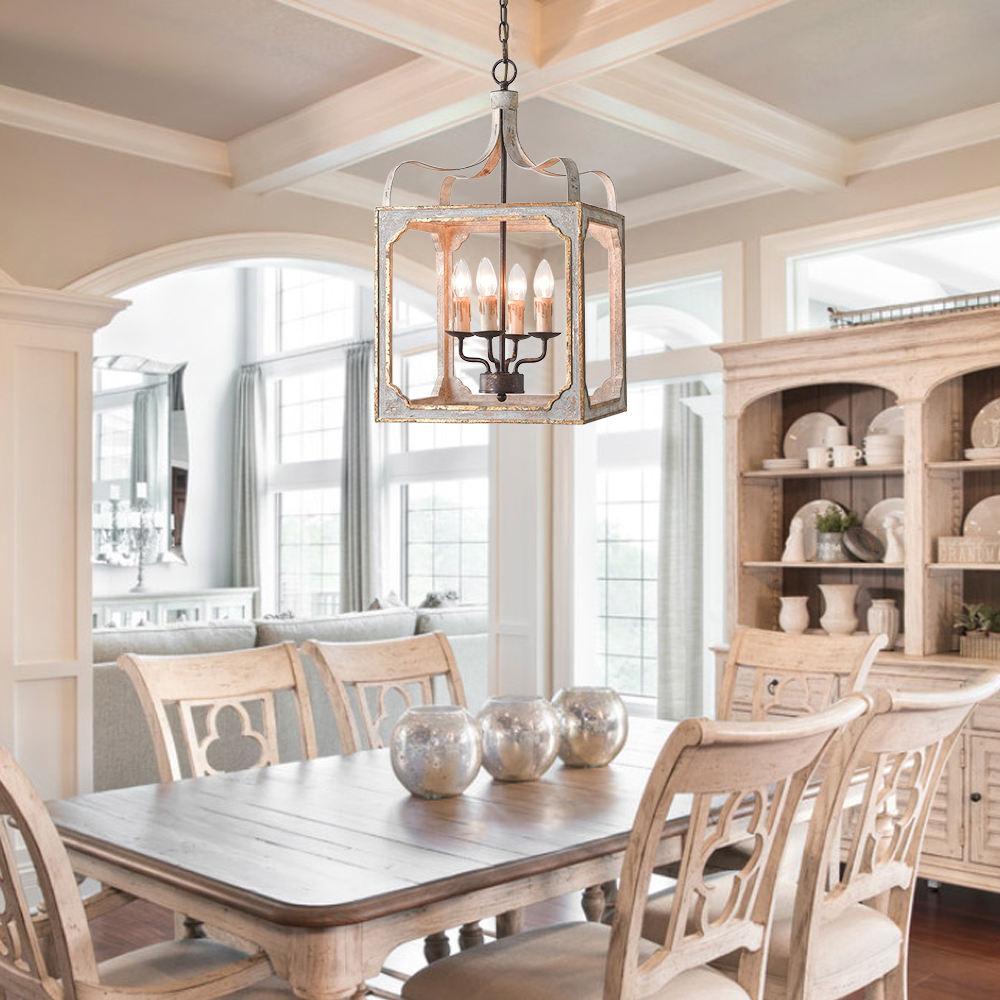 HMR - French 4-Light Lantern Chandelier Square Candelabra in Antique Gray