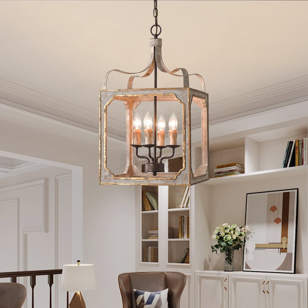 HMR - French 4-Light Lantern Chandelier Square Candelabra in Antique Gray