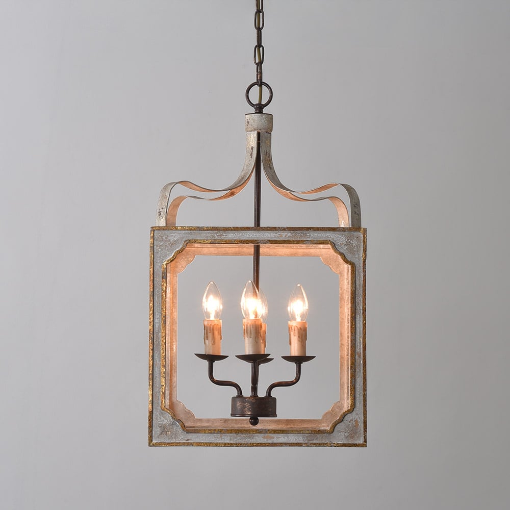 HMR - French 4-Light Lantern Chandelier Square Candelabra in Antique Gray