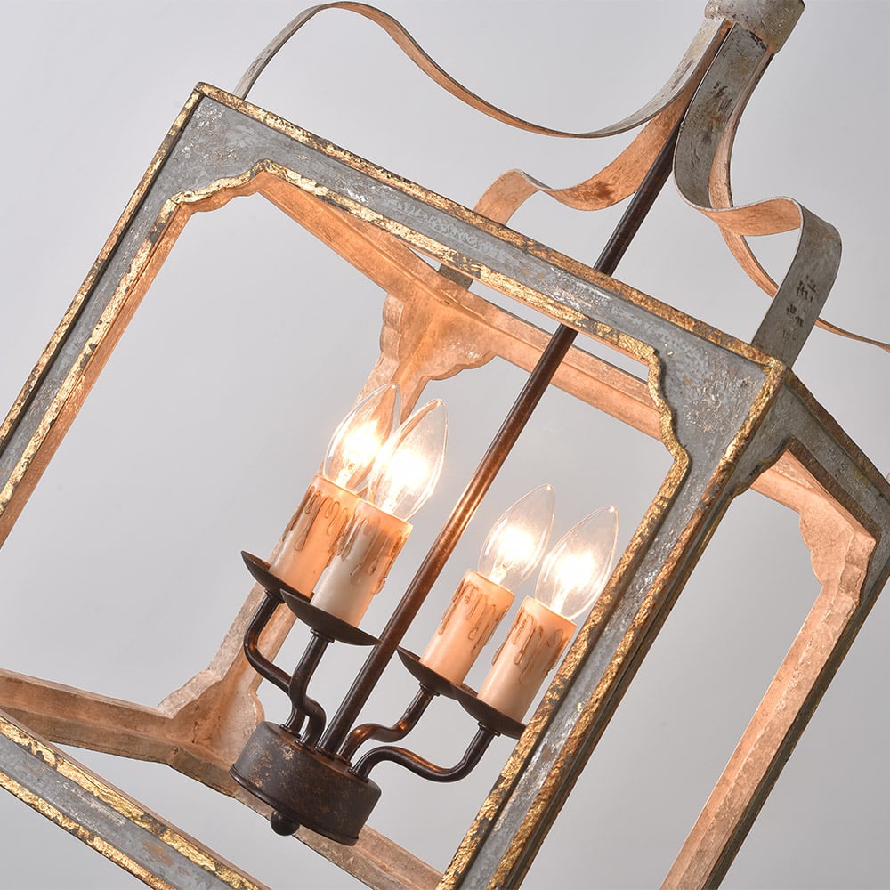HMR - French 4-Light Lantern Chandelier Square Candelabra in Antique Gray