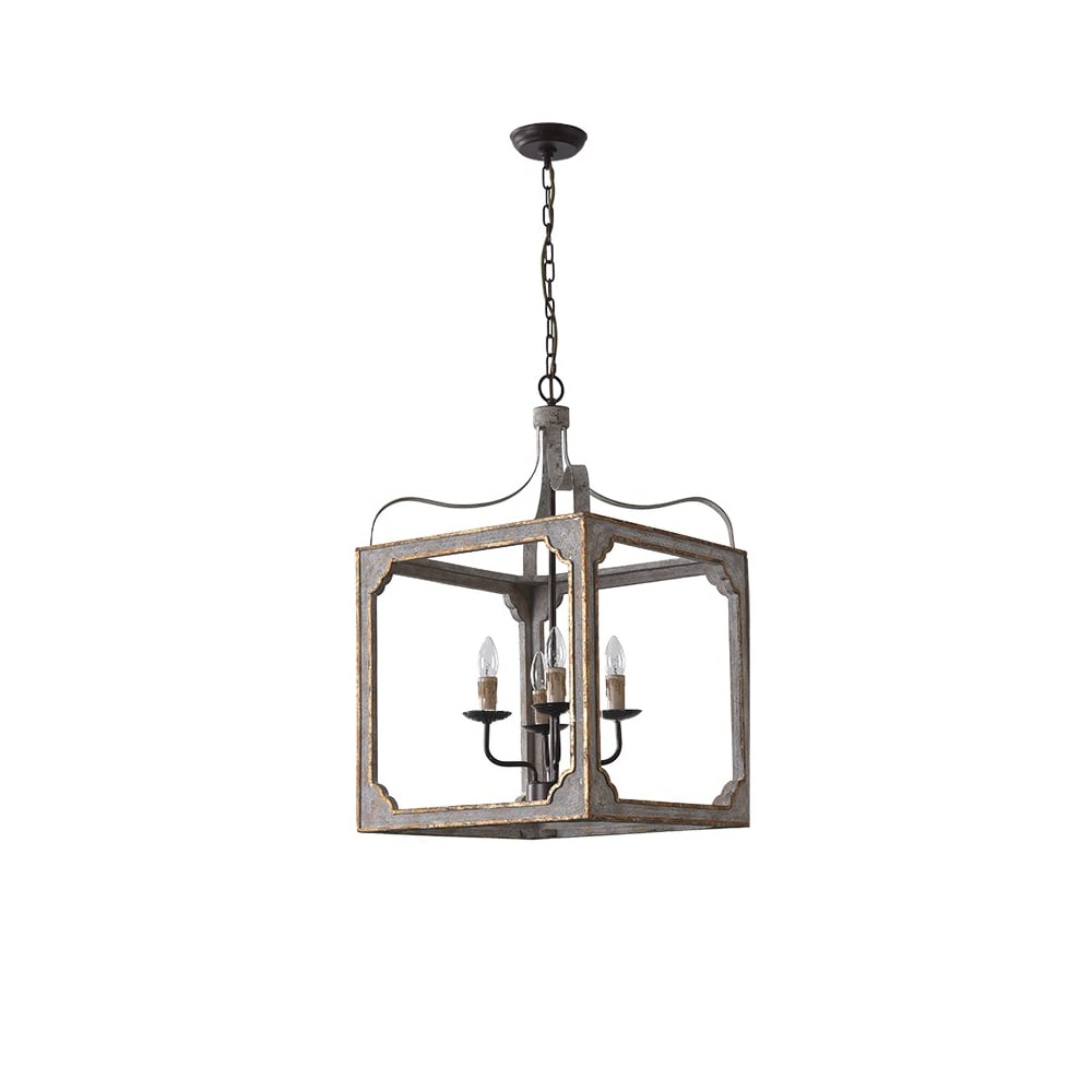 HMR - French 4-Light Lantern Chandelier Square Candelabra in Antique Gray