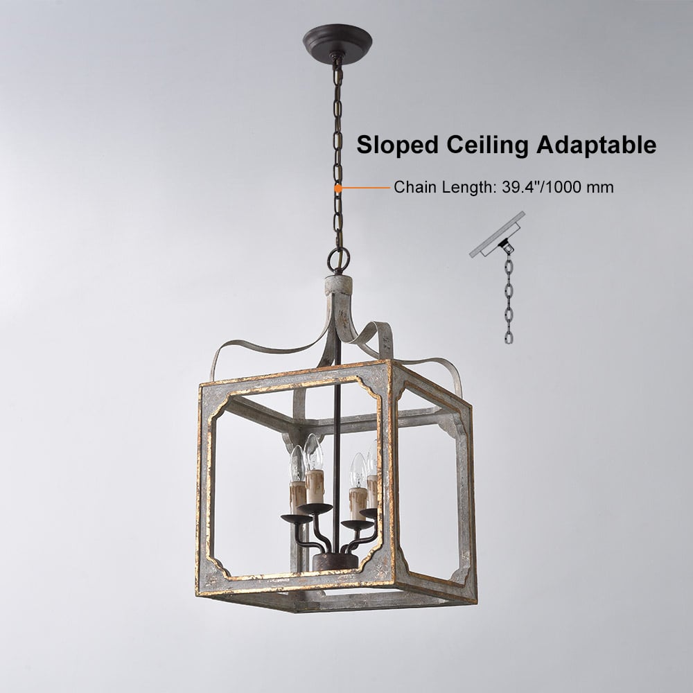 HMR - French 4-Light Lantern Chandelier Square Candelabra in Antique Gray