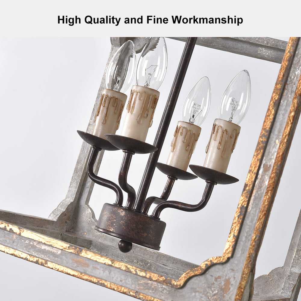 HMR - French 4-Light Lantern Chandelier Square Candelabra in Antique Gray