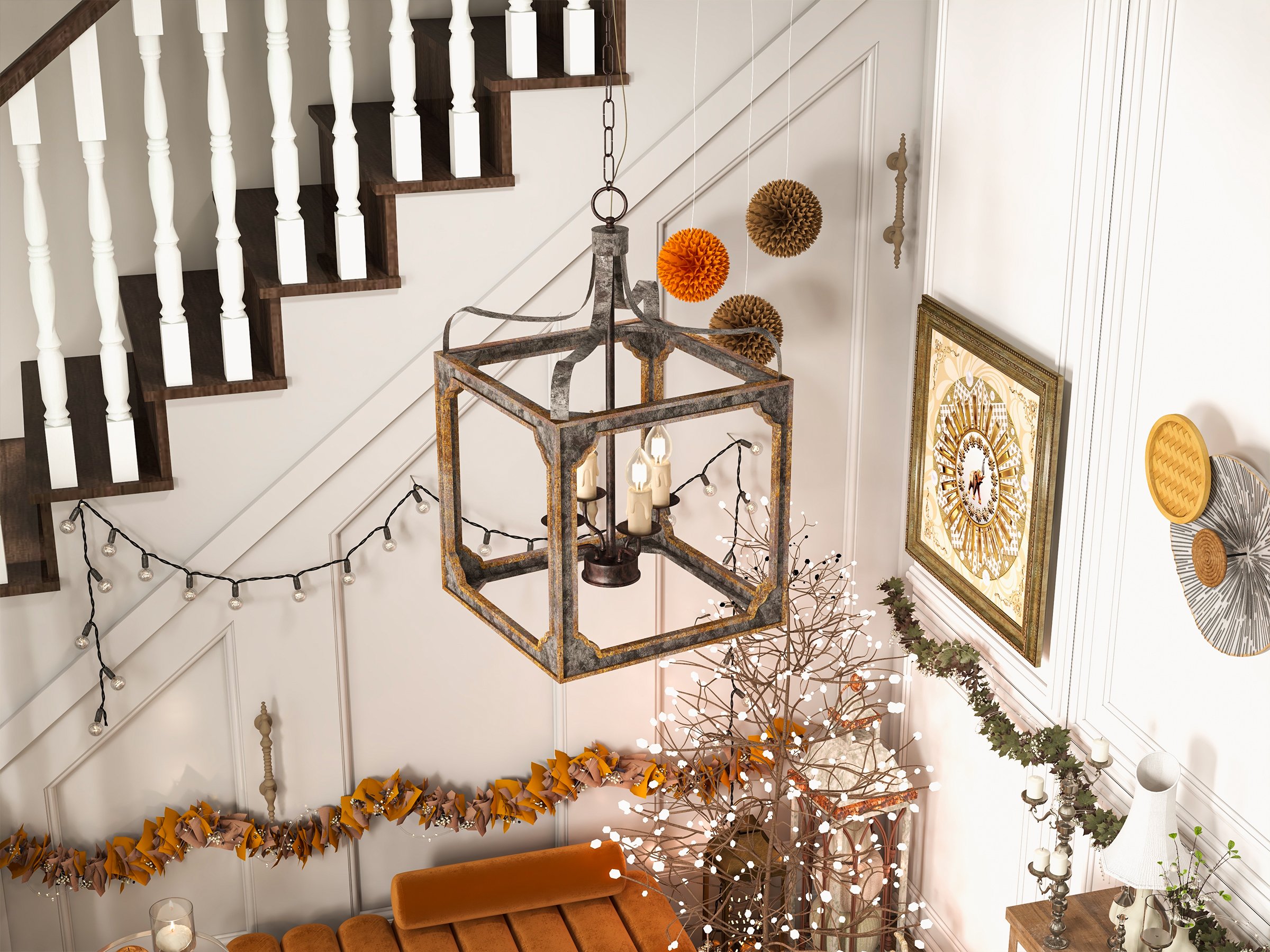 HMR - French 4-Light Lantern Chandelier Square Candelabra in Antique Gray