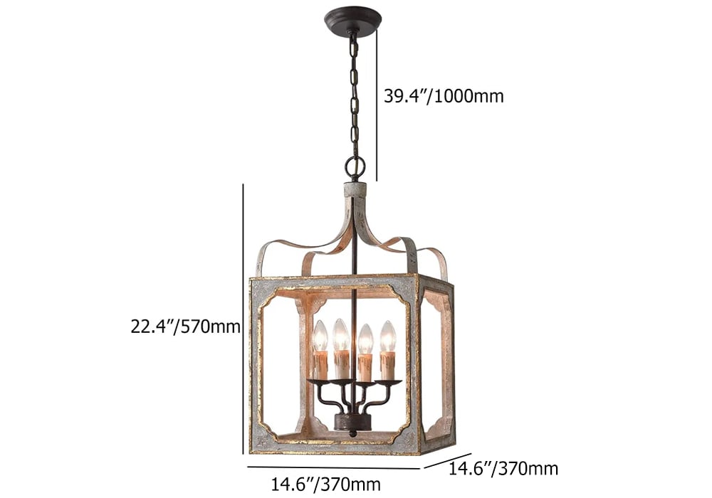 HMR - French 4-Light Lantern Chandelier Square Candelabra in Antique Gray