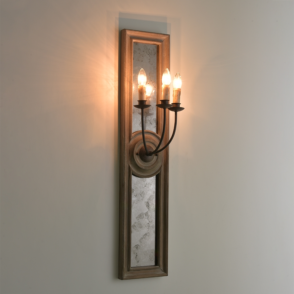 HMR - Candle 3-Light Mirrored Wall Sconce in Wood and Metal