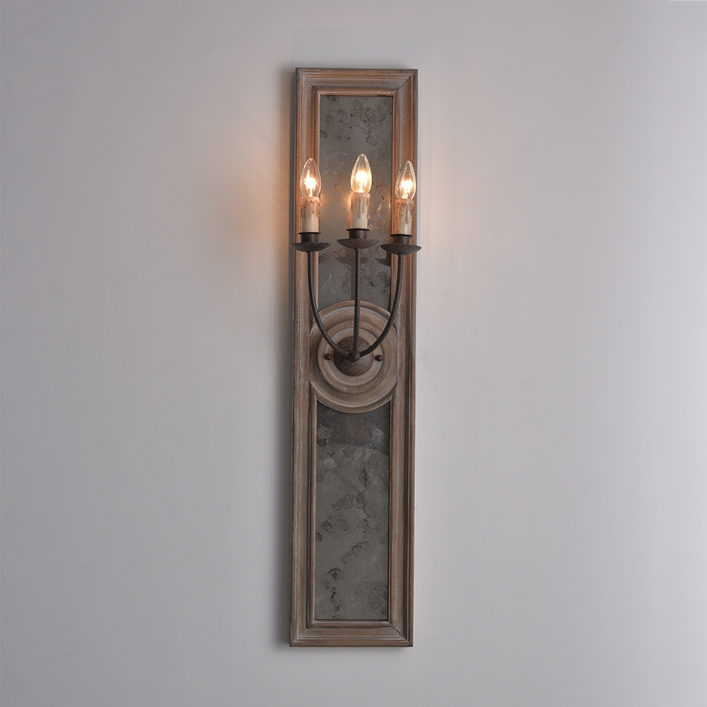 HMR - Candle 3-Light Mirrored Wall Sconce in Wood and Metal
