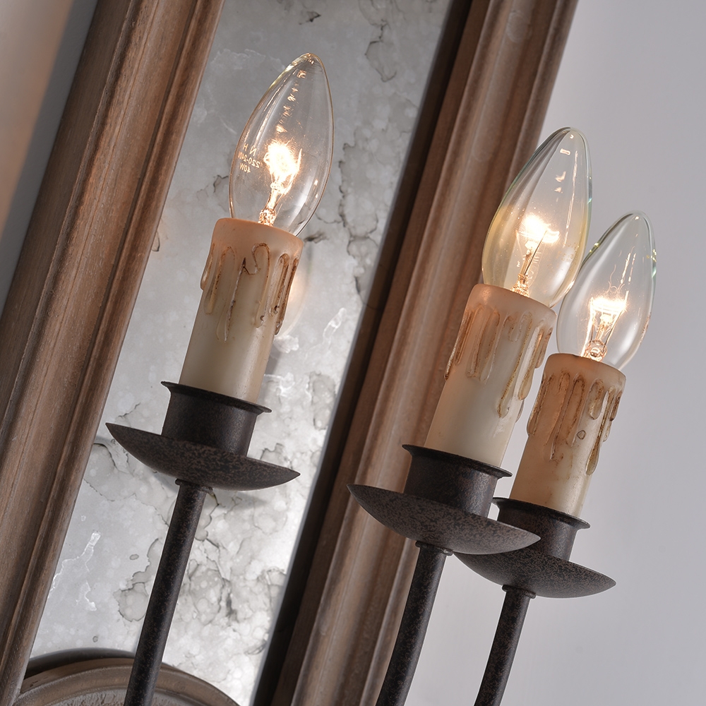 HMR - Candle 3-Light Mirrored Wall Sconce in Wood and Metal
