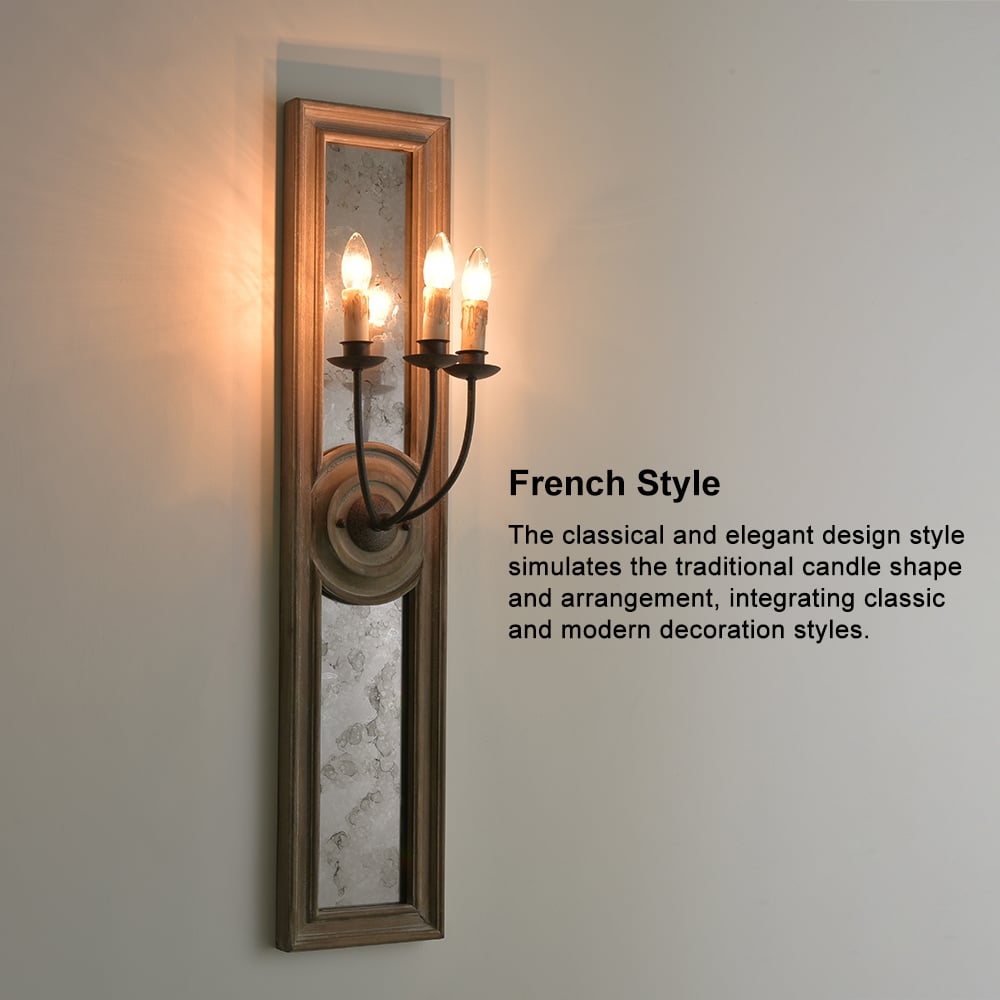 HMR - Candle 3-Light Mirrored Wall Sconce in Wood and Metal