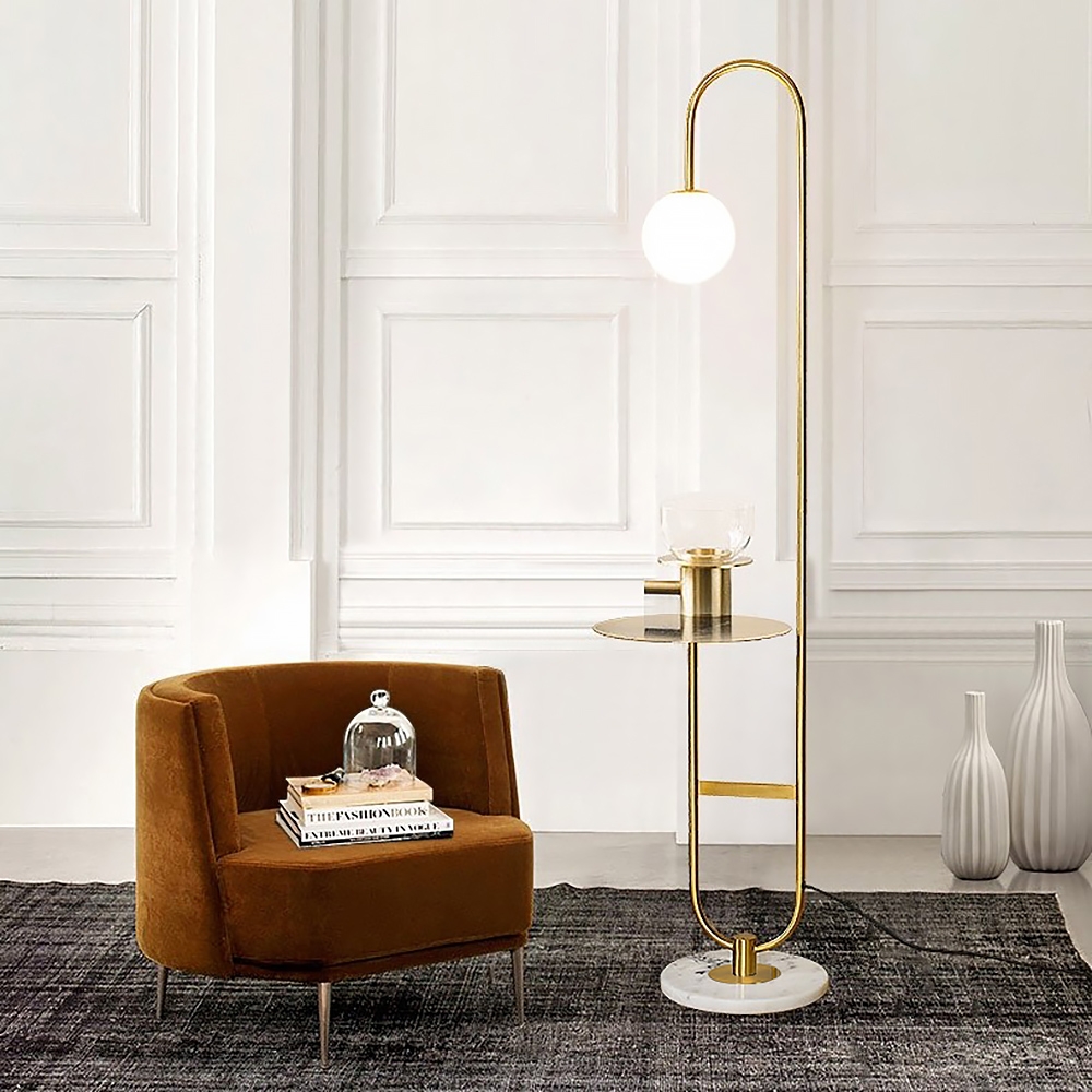 HMR - 60" Arc Floor Lamp with Shelf with Glass Shade and Marble Base in Gold